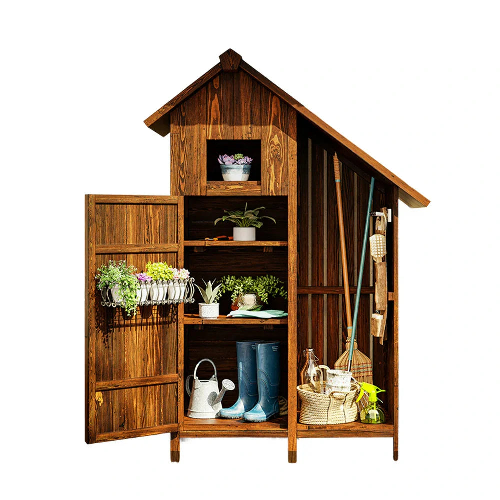 SOLARA Outdoor Shed Patio with Organizer Weather-Resistant Wood House Garden Storage - Tool Multi-Shelf Design, Solid Brown