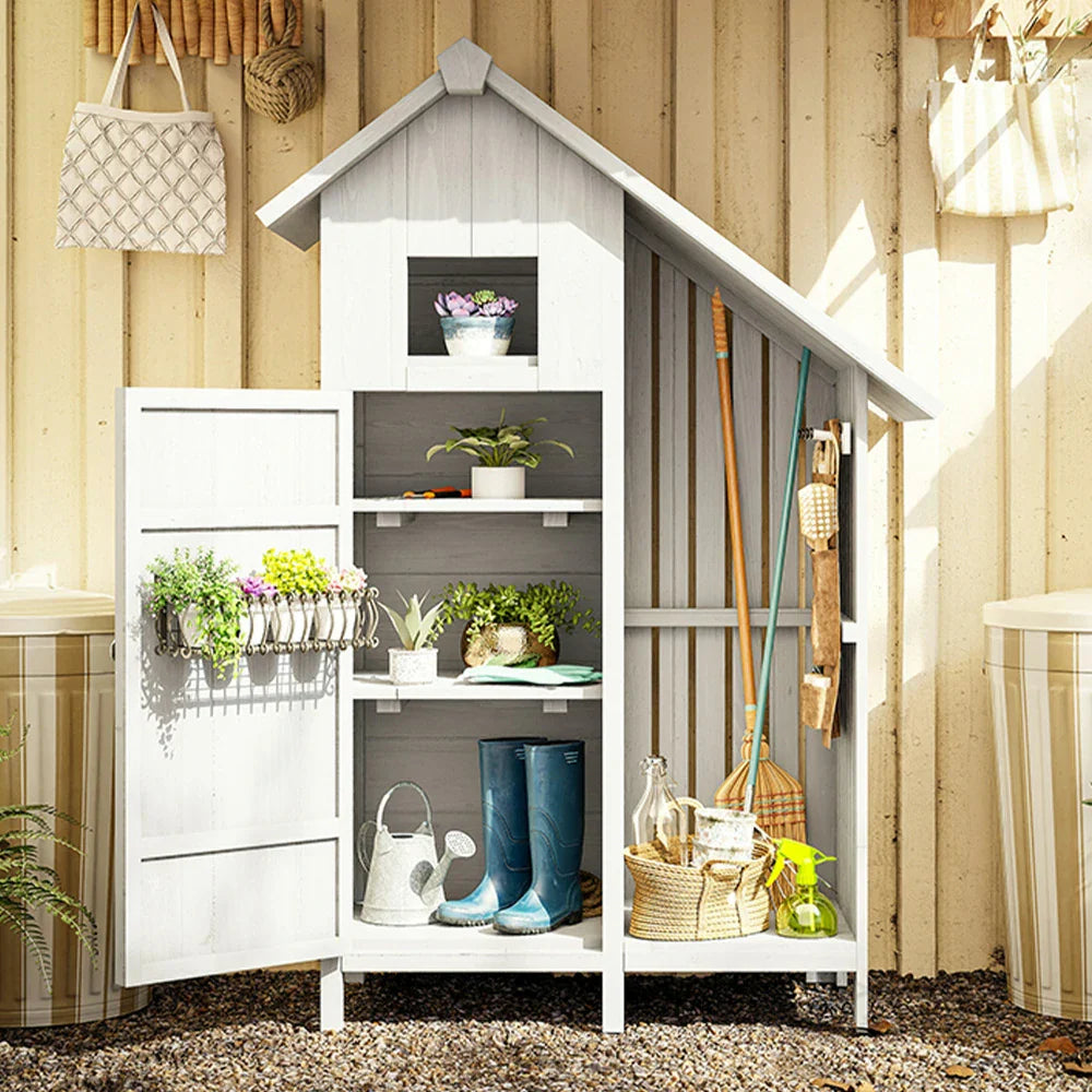SOLARA Outdoor with Patio Tool Solid House Garden Shed - Wood Storage Design, Organizer Multi-Shelf Weather-Resistant White
