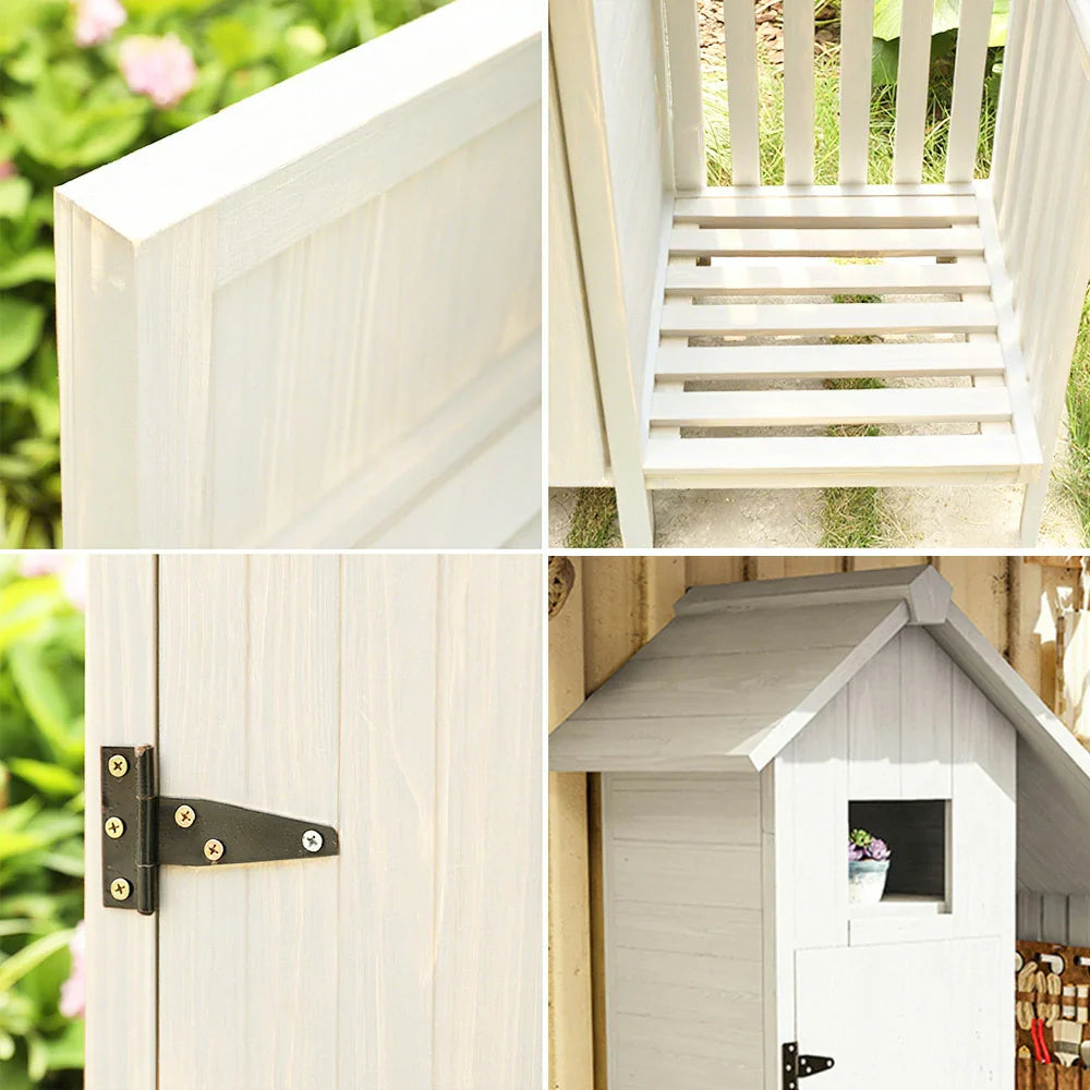 SOLARA Outdoor with Patio Tool Solid House Garden Shed - Wood Storage Design, Organizer Multi-Shelf Weather-Resistant White