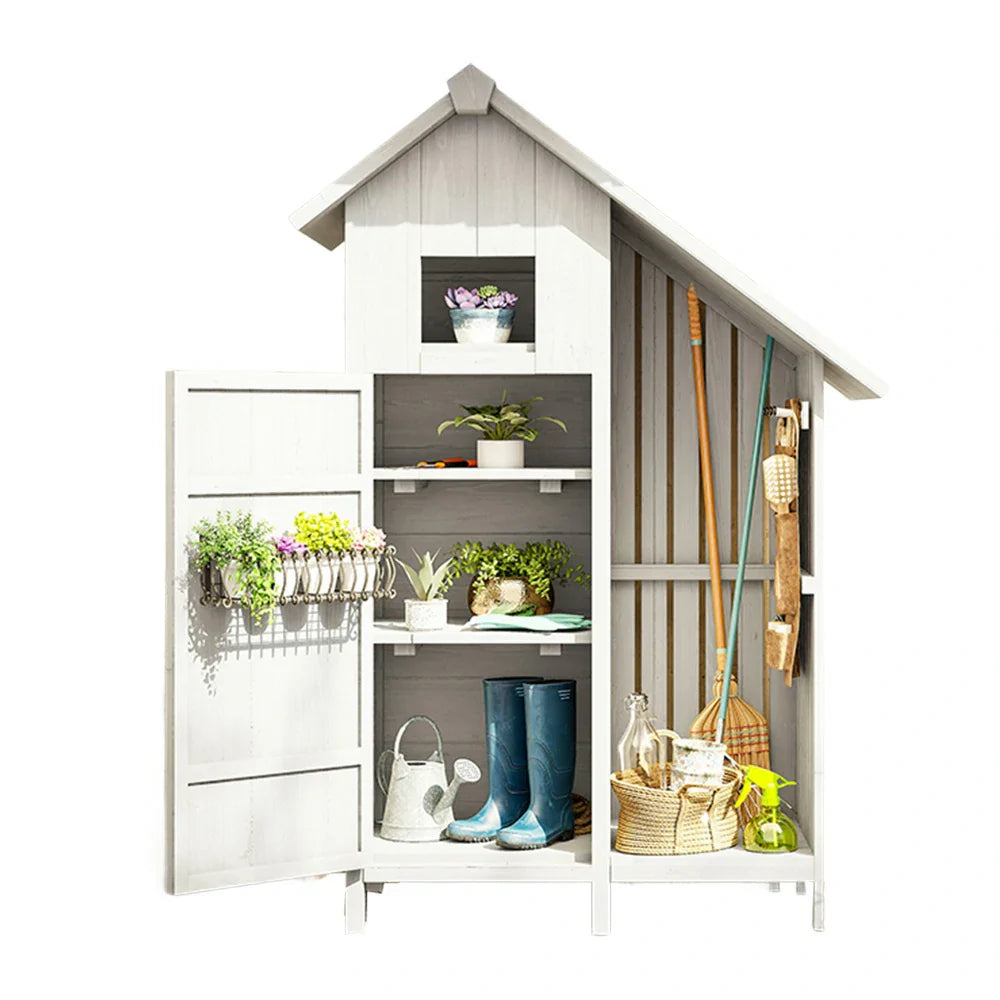 SOLARA Outdoor with Patio Tool Solid House Garden Shed - Wood Storage Design, Organizer Multi-Shelf Weather-Resistant White