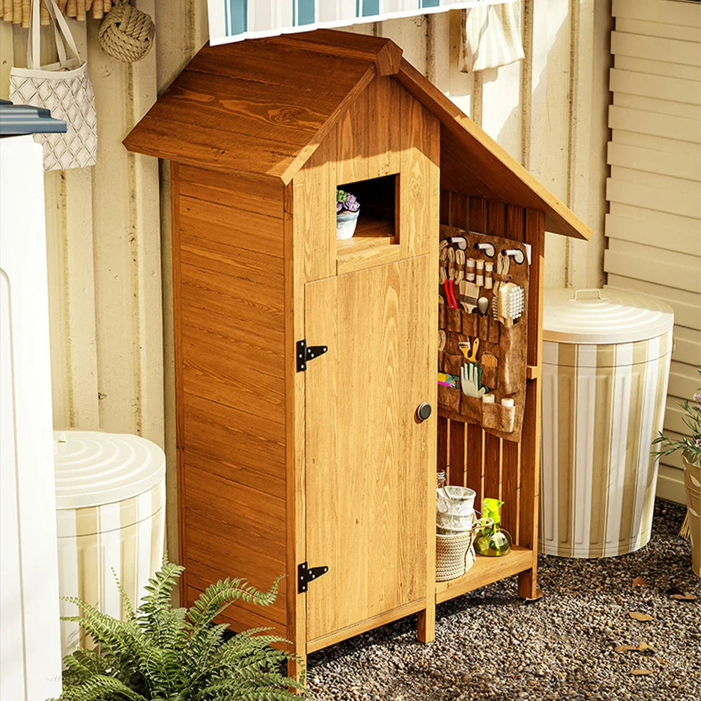 SOLARA Outdoor Design, with Weather-Resistant Organizer Solid Garden Wood Patio - House Multi-Shelf Storage - Shed Tool Yellow
