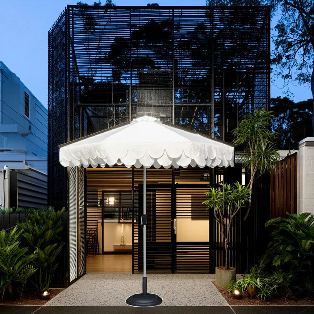 SOLARA Outdoor Patio Umbrella - 210/250cm Double-Layer Canopy with Valance, Brushed Aluminium Frame, Sun & Rain Protection, Water-Filled Base Included - White