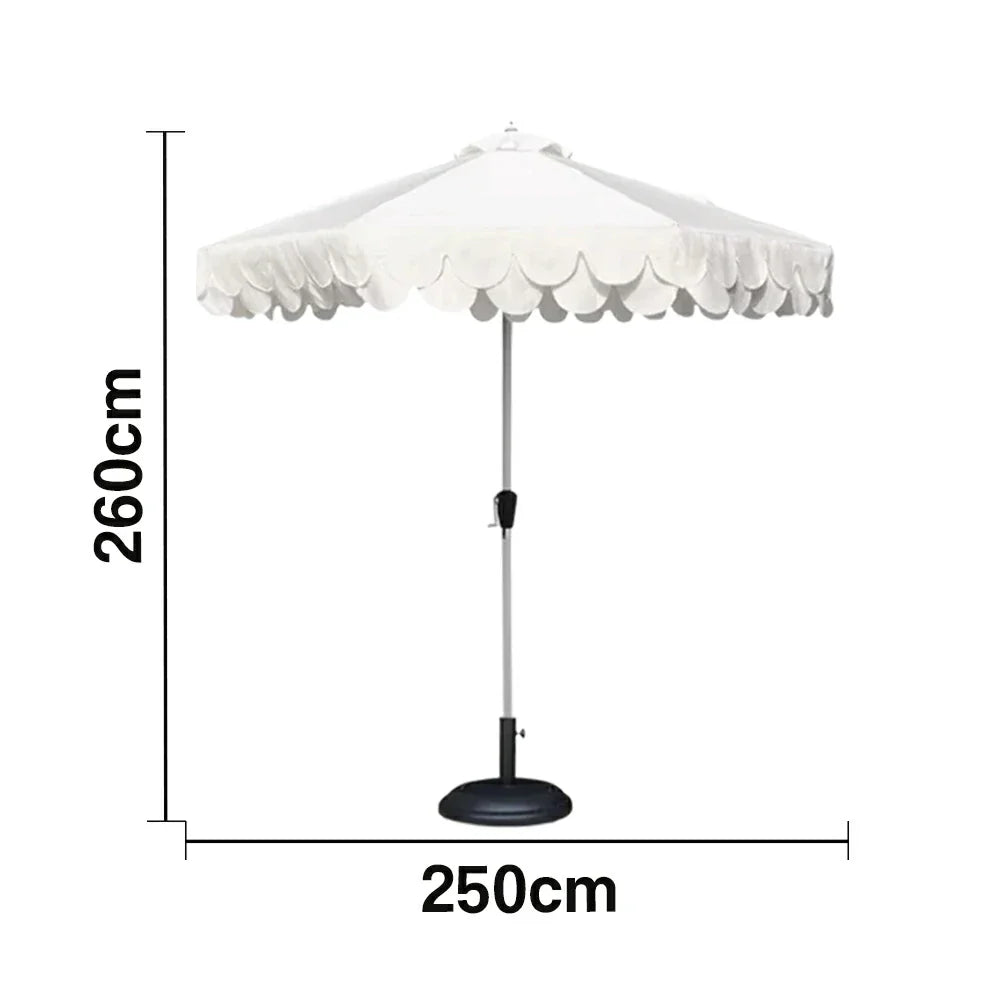 SOLARA Outdoor Patio Umbrella - 210/250cm Double-Layer Canopy with Valance, Brushed Aluminium Frame, Sun & Rain Protection, Water-Filled Base Included - White