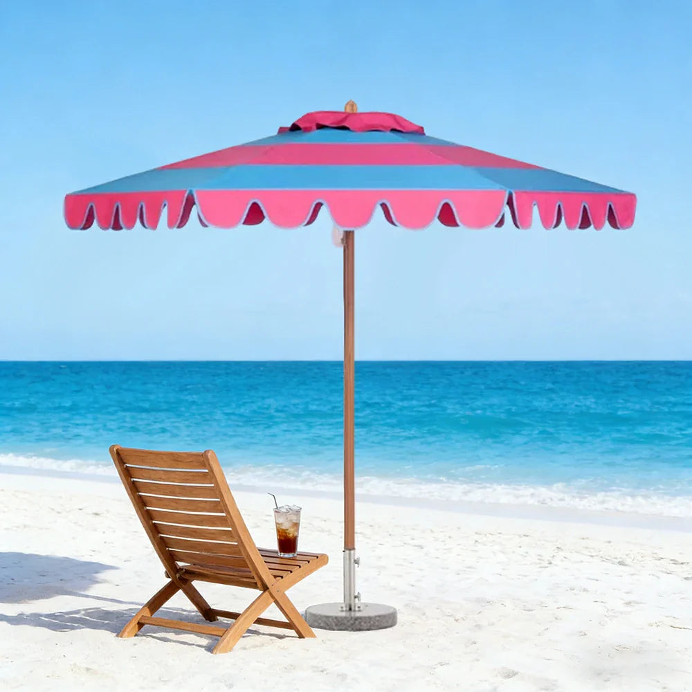 SOLARA Outdoor Patio Umbrella - 210/250cm Single-Layer Canopy with Valance, Brushed Aluminium Frame, Sun & Rain Protection, Water Base Included - Red & Blue