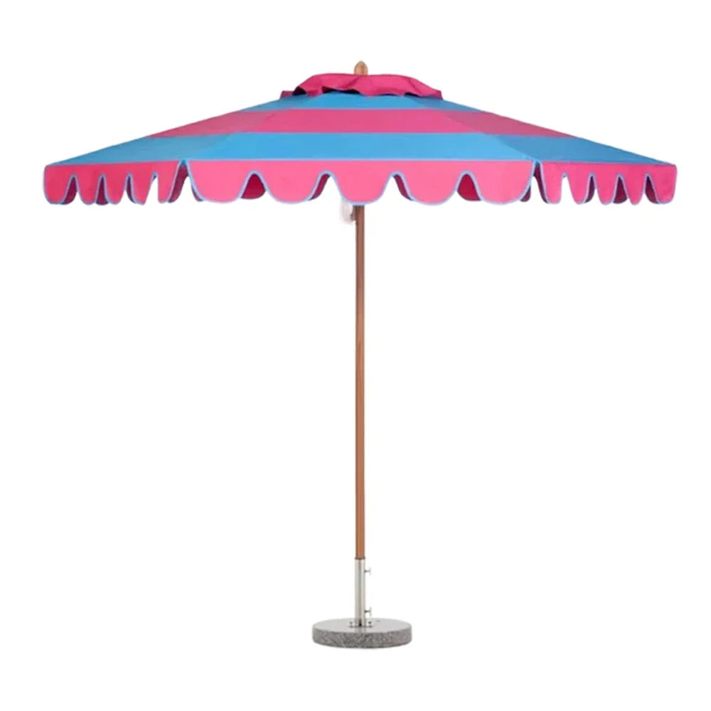 SOLARA Outdoor Patio Umbrella - 210/250cm Single-Layer Canopy with Valance, Brushed Aluminium Frame, Sun & Rain Protection, Water Base Included - Red & Blue
