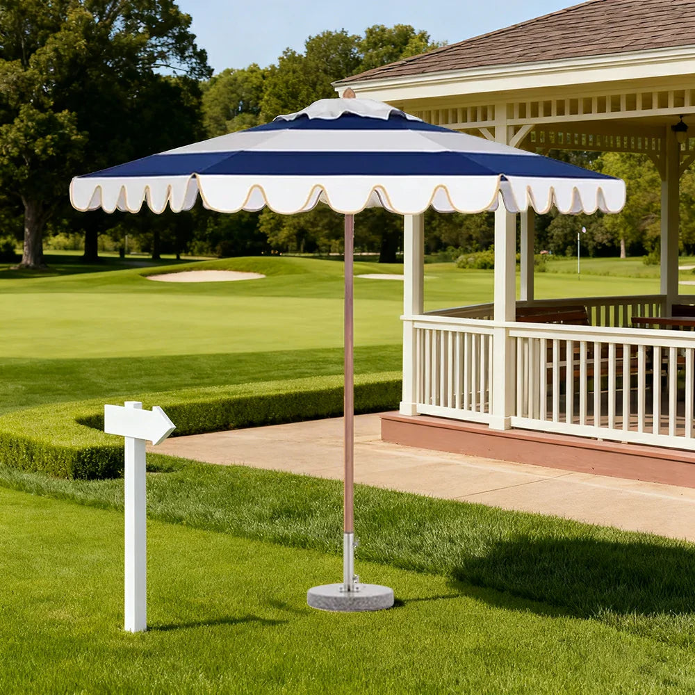 SOLARA Outdoor Patio Umbrella - 210/250cm Single-Layer Canopy with Valance, Brushed Aluminium Frame, Sun & Rain Protection, Water Base Included - Blue & White