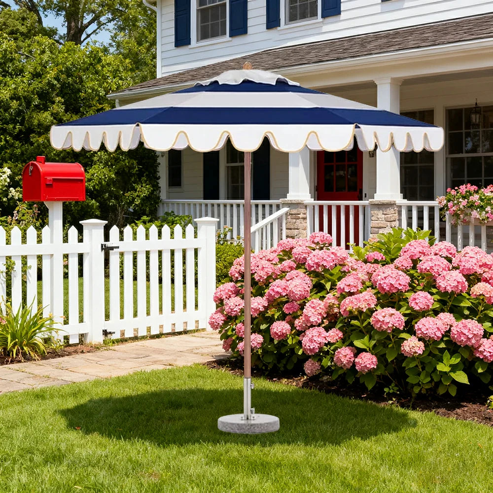 SOLARA Outdoor Patio Umbrella - 210/250cm Single-Layer Canopy with Valance, Brushed Aluminium Frame, Sun & Rain Protection, Water Base Included - Blue & White
