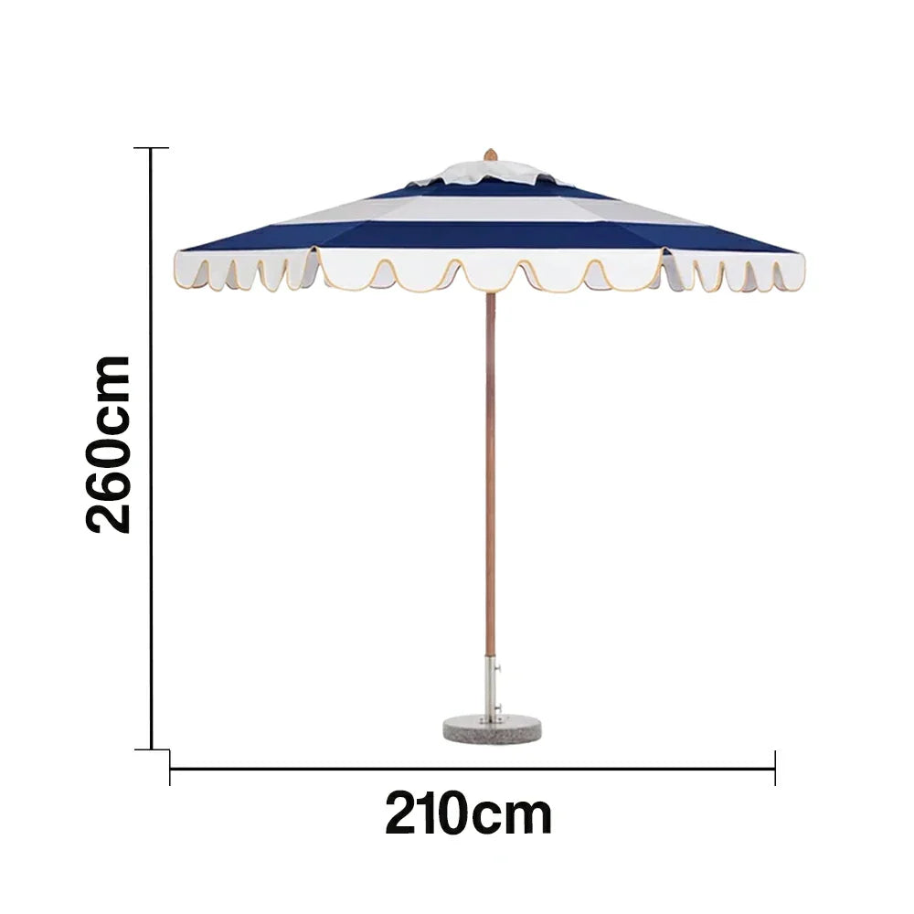 SOLARA Outdoor Patio Umbrella - 210/250cm Single-Layer Canopy with Valance, Brushed Aluminium Frame, Sun & Rain Protection, Water Base Included - Blue & White