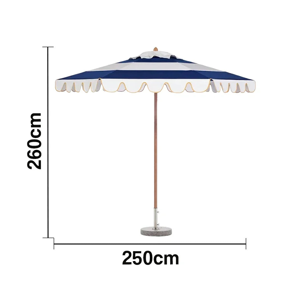 SOLARA Outdoor Patio Umbrella - 210/250cm Single-Layer Canopy with Valance, Brushed Aluminium Frame, Sun & Rain Protection, Water Base Included - Blue & White