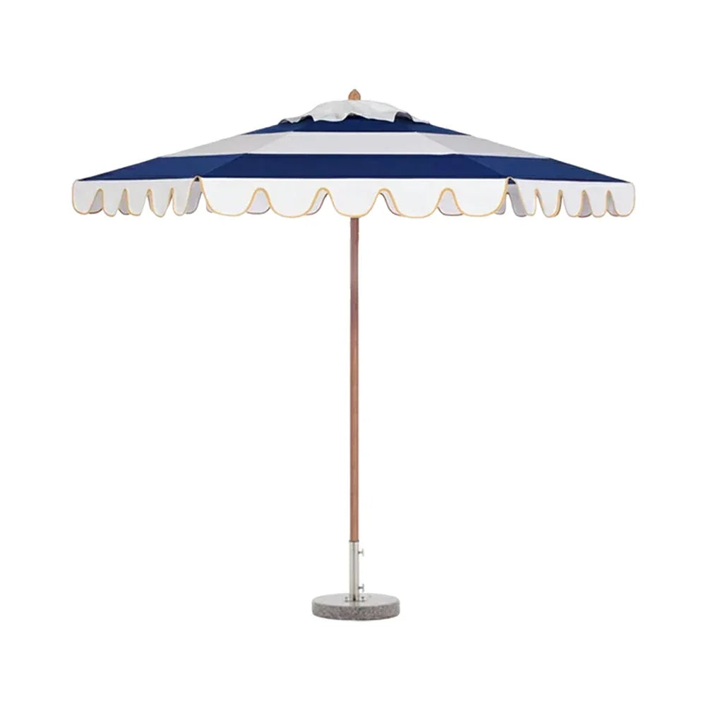 SOLARA Outdoor Patio Umbrella - 210/250cm Single-Layer Canopy with Valance, Brushed Aluminium Frame, Sun & Rain Protection, Water Base Included - Blue & White