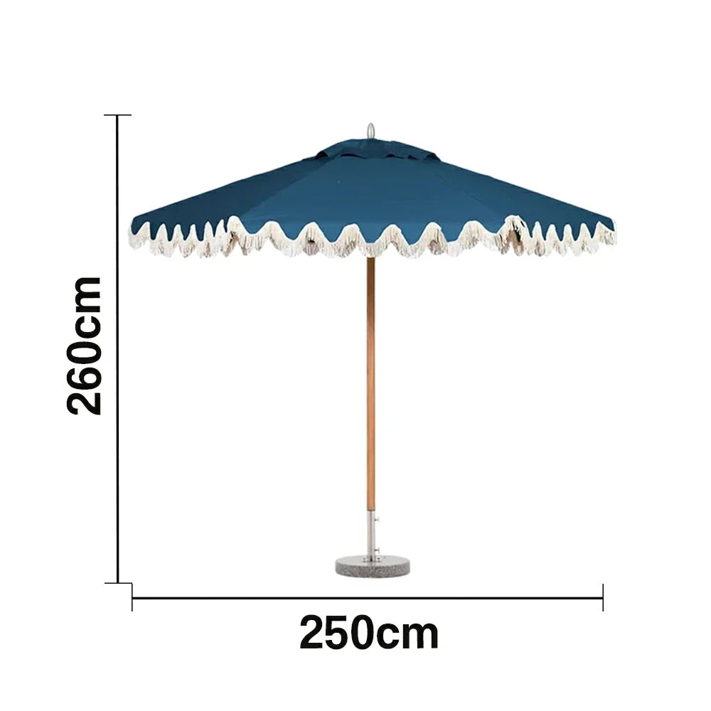 SOLARA Outdoor Patio Umbrella - 210/250cm Single-Layer Canopy with Valance, Brushed Aluminium Frame, Sun & Rain Protection, Water Base Included - Blue