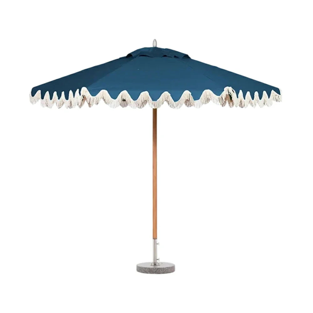SOLARA Outdoor Patio Umbrella - 210/250cm Single-Layer Canopy with Valance, Brushed Aluminium Frame, Sun & Rain Protection, Water Base Included - Blue