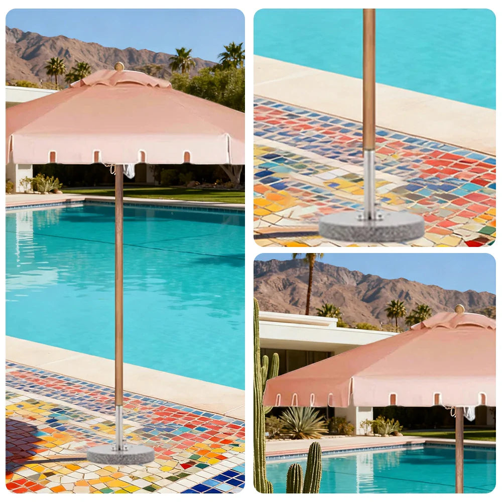 SOLARA Outdoor Patio Umbrella - 210/250cm Single-Layer Canopy with Valance, Brushed Aluminium Frame, Sun & Rain Protection, Water Base Included - Pink