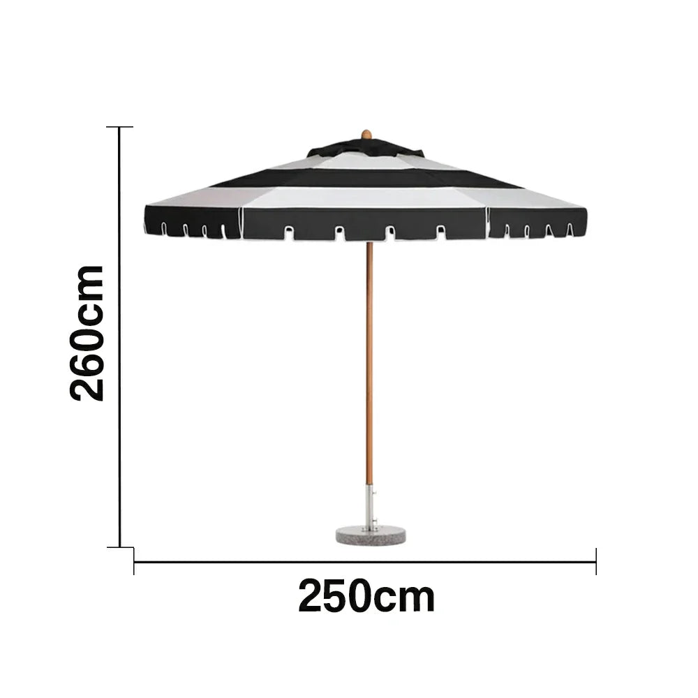 SOLARA Outdoor Patio Umbrella - 210/250cm Single-Layer Canopy with Valance, Brushed Aluminium Frame, Sun & Rain Protection, Water Base Included - Black & White