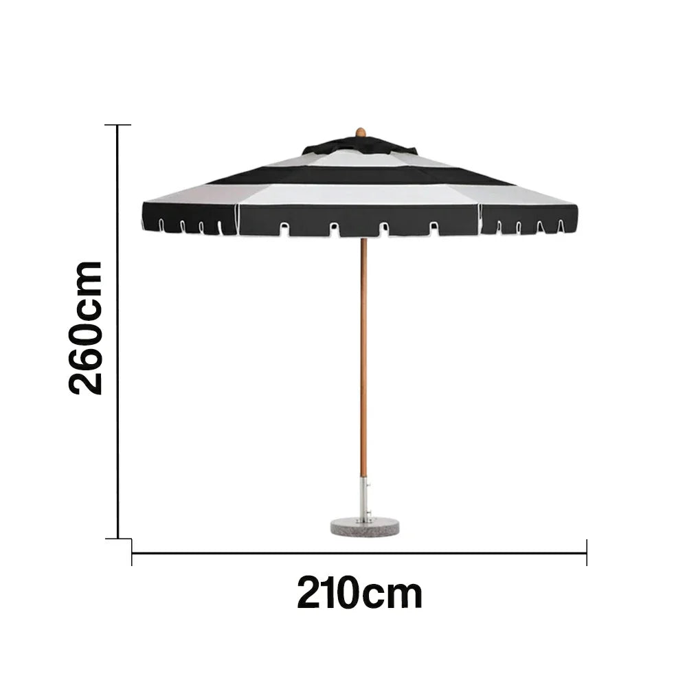 SOLARA Outdoor Patio Umbrella - 210/250cm Single-Layer Canopy with Valance, Brushed Aluminium Frame, Sun & Rain Protection, Water Base Included - Black & White