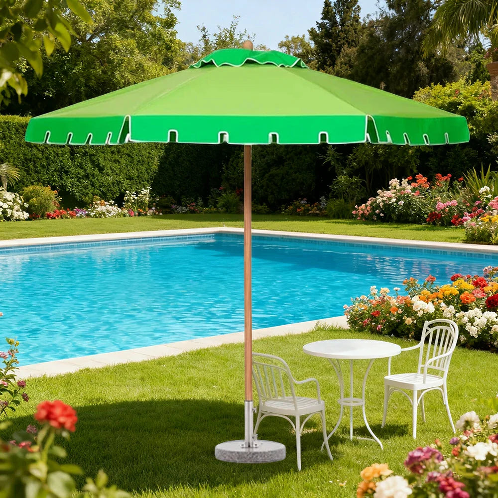 SOLARA Outdoor Patio Umbrella - 210/250cm Single-Layer Canopy with Valance, Brushed Aluminium Frame, Sun & Rain Protection, Water Base Included - Green
