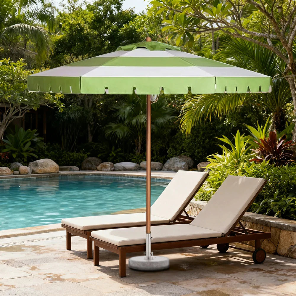 SOLARA Outdoor Patio Umbrella - 210/250cm Single-Layer Canopy with Valance, Brushed Aluminium Frame, Sun & Rain Protection, Water Base Included - Green & White