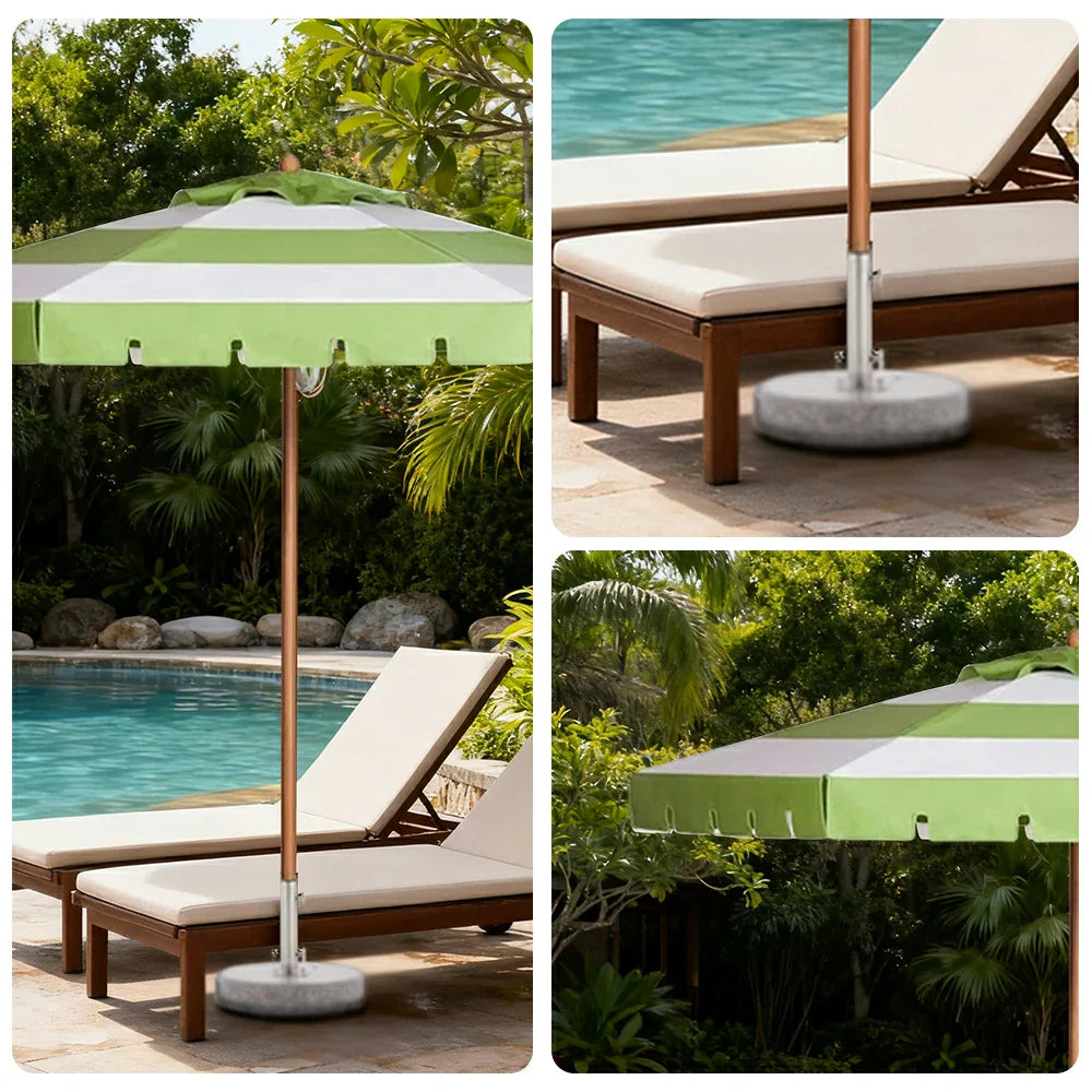 SOLARA Outdoor Patio Umbrella - 210/250cm Single-Layer Canopy with Valance, Brushed Aluminium Frame, Sun & Rain Protection, Water Base Included - Green & White
