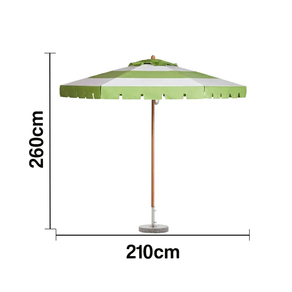 SOLARA Outdoor Patio Umbrella - 210/250cm Single-Layer Canopy with Valance, Brushed Aluminium Frame, Sun & Rain Protection, Water Base Included - Green & White