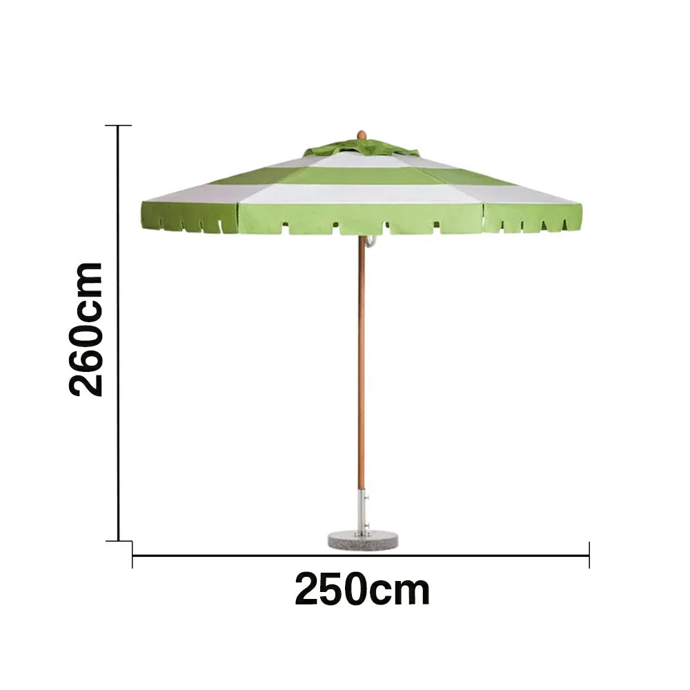 SOLARA Outdoor Patio Umbrella - 210/250cm Single-Layer Canopy with Valance, Brushed Aluminium Frame, Sun & Rain Protection, Water Base Included - Green & White