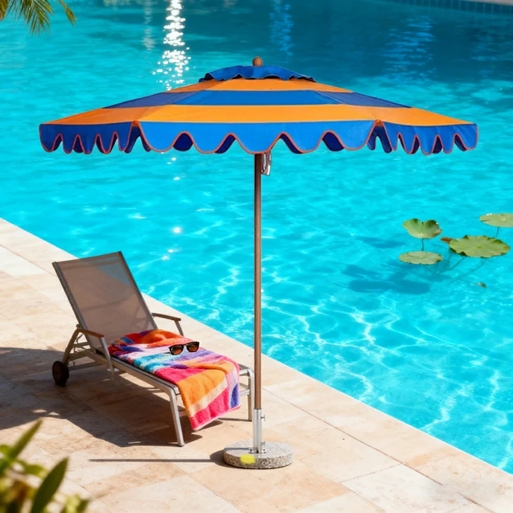 SOLARA Outdoor Patio Umbrella - 210/250cm Single-Layer Canopy with Valance, Brushed Aluminium Frame, Sun & Rain Protection, Water Base Included - Yellow & Blue