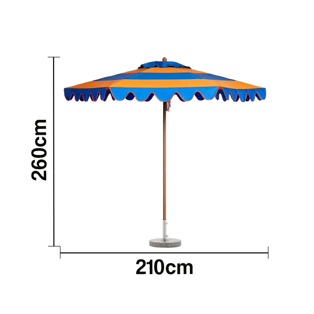 SOLARA Outdoor Patio Umbrella - 210/250cm Single-Layer Canopy with Valance, Brushed Aluminium Frame, Sun & Rain Protection, Water Base Included - Yellow & Blue