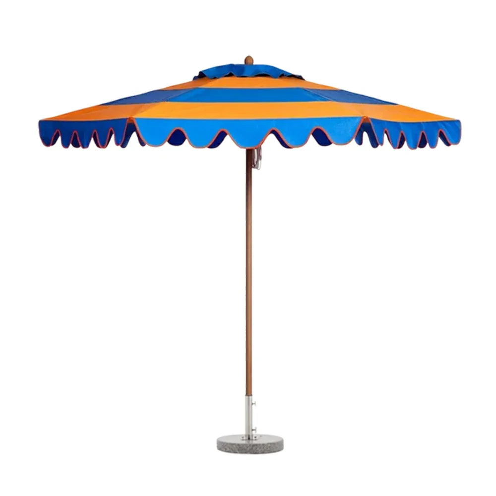 SOLARA Outdoor Patio Umbrella - 210/250cm Single-Layer Canopy with Valance, Brushed Aluminium Frame, Sun & Rain Protection, Water Base Included - Yellow & Blue