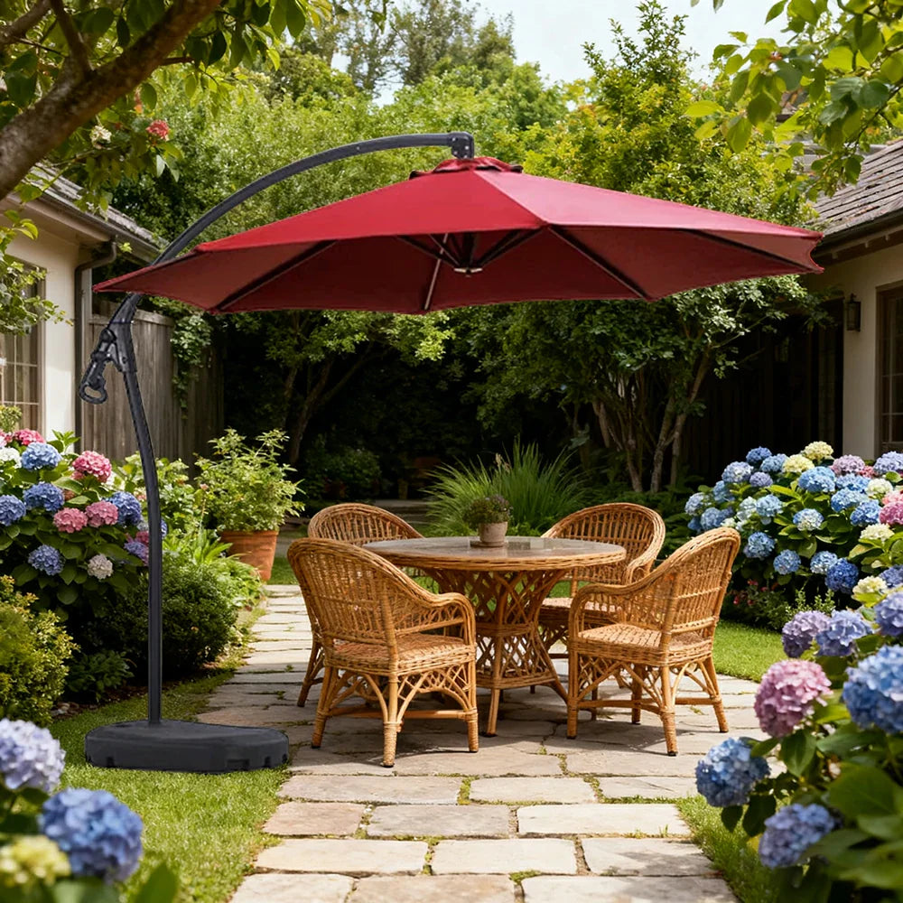 SOLARA Outdoor Patio Umbrella - 3.0m Round Cantilever Canopy, Reinforced Ribs, Adjustable Offset Arm, Sun & Rain Protection, Water Base Included - Red