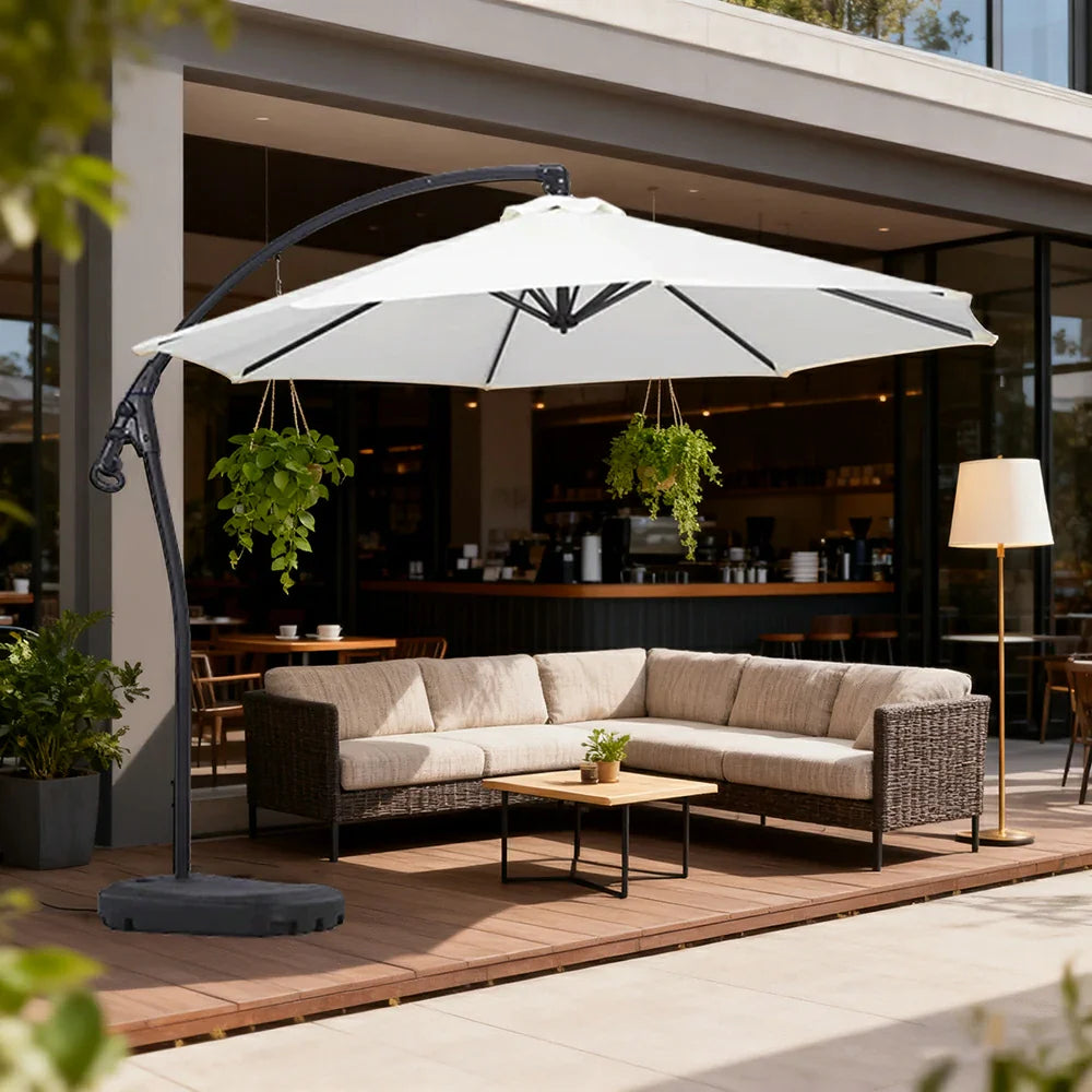 SOLARA Outdoor Patio Umbrella - 3.0m Round Cantilever Canopy, Reinforced Ribs, Adjustable Offset Arm, Sun & Rain Protection, Water Base Included - White