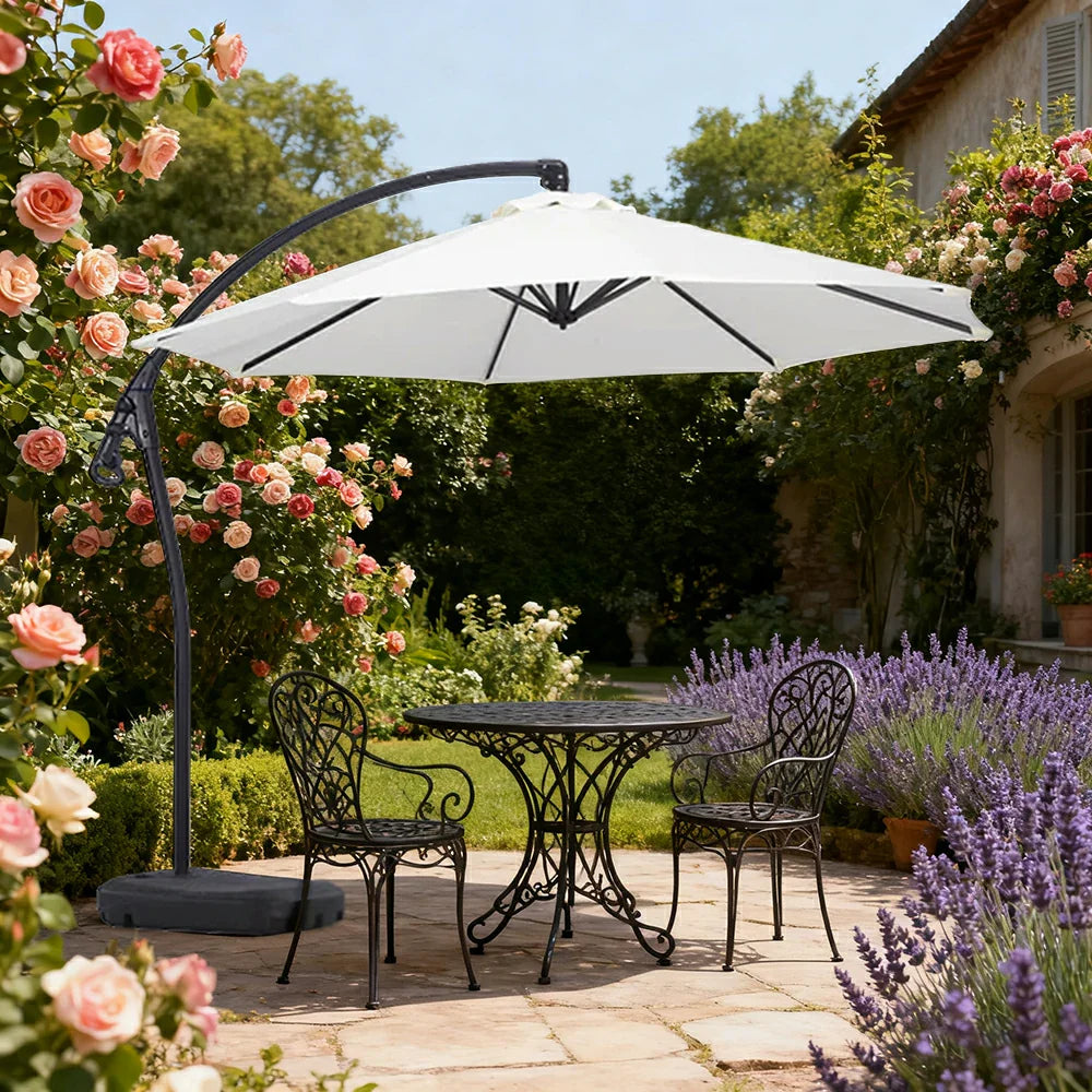 SOLARA Outdoor Patio Umbrella - 3.0m Round Cantilever Canopy, Reinforced Ribs, Adjustable Offset Arm, Sun & Rain Protection, Water Base Included - White