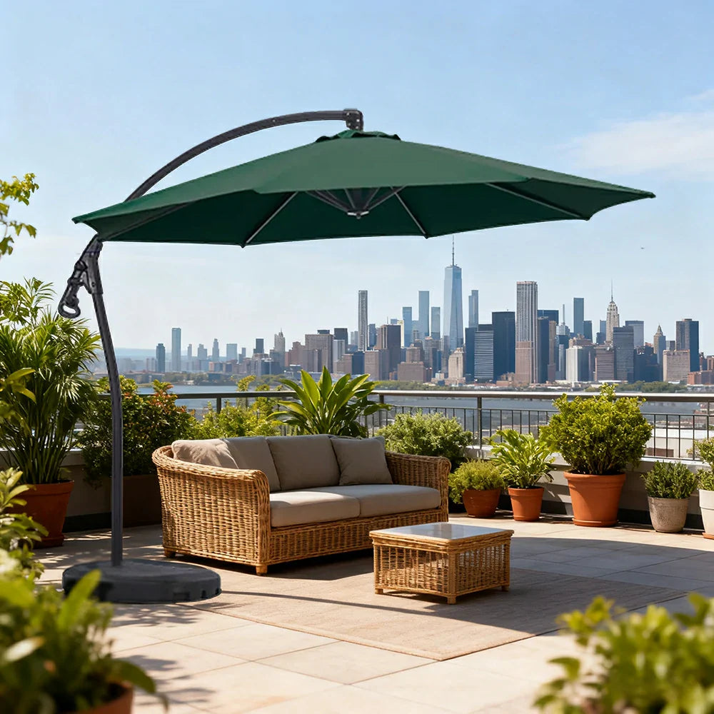 SOLARA Outdoor Patio Umbrella - 3.0m Round Cantilever Canopy, Reinforced Ribs, Adjustable Offset Arm, Sun & Rain Protection, Water Base Included - Green