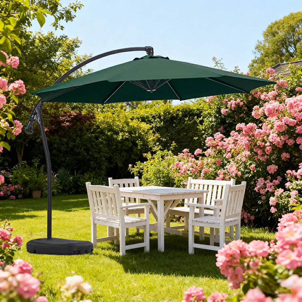 SOLARA Outdoor Patio Umbrella - 3.0m Round Cantilever Canopy, Reinforced Ribs, Adjustable Offset Arm, Sun & Rain Protection, Water Base Included - Green