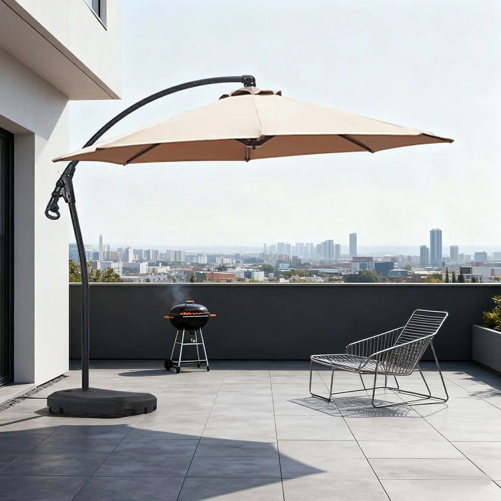 SOLARA Outdoor Patio Umbrella - 3.0m Round Cantilever Canopy, Reinforced Ribs, Adjustable Offset Arm, Sun & Rain Protection, Water Base Included - Khaki