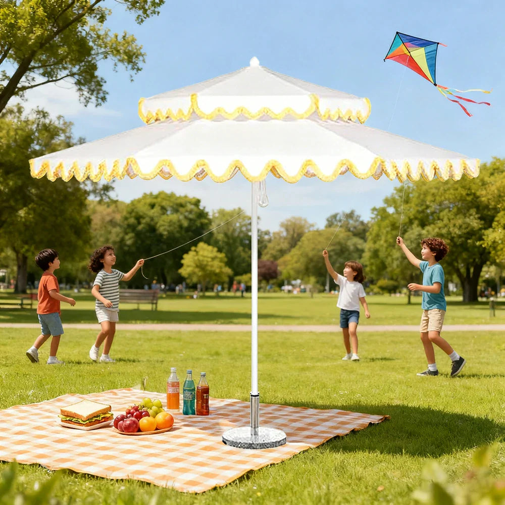 SOLARA Outdoor Patio Umbrella - 250/270cm Round Double-Tier Canopy with Valance, Better Venting & Wind Stability, Sun & Rain Protection, 20kg Marble Base Included - White with Yellow Trim