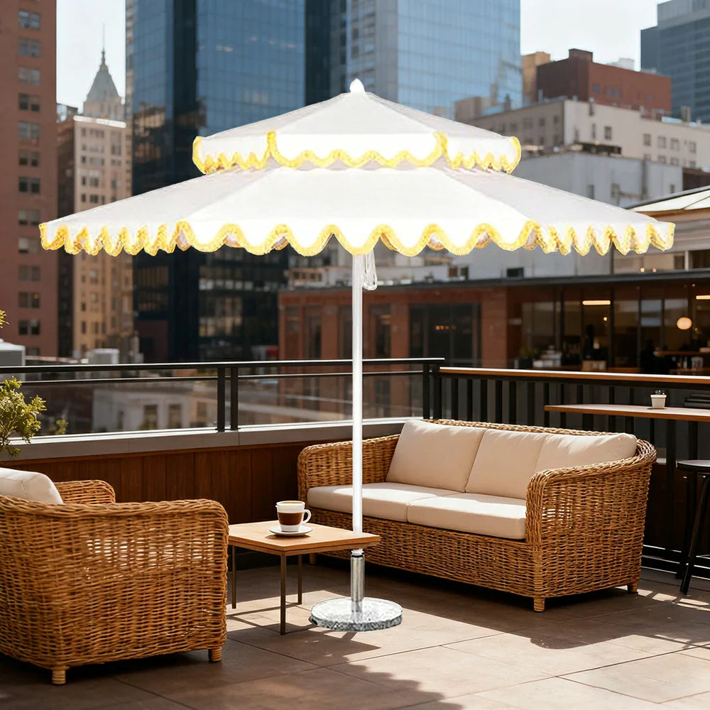SOLARA Outdoor Patio Umbrella - 250/270cm Round Double-Tier Canopy with Valance, Better Venting & Wind Stability, Sun & Rain Protection, 20kg Marble Base Included - White with Yellow Trim