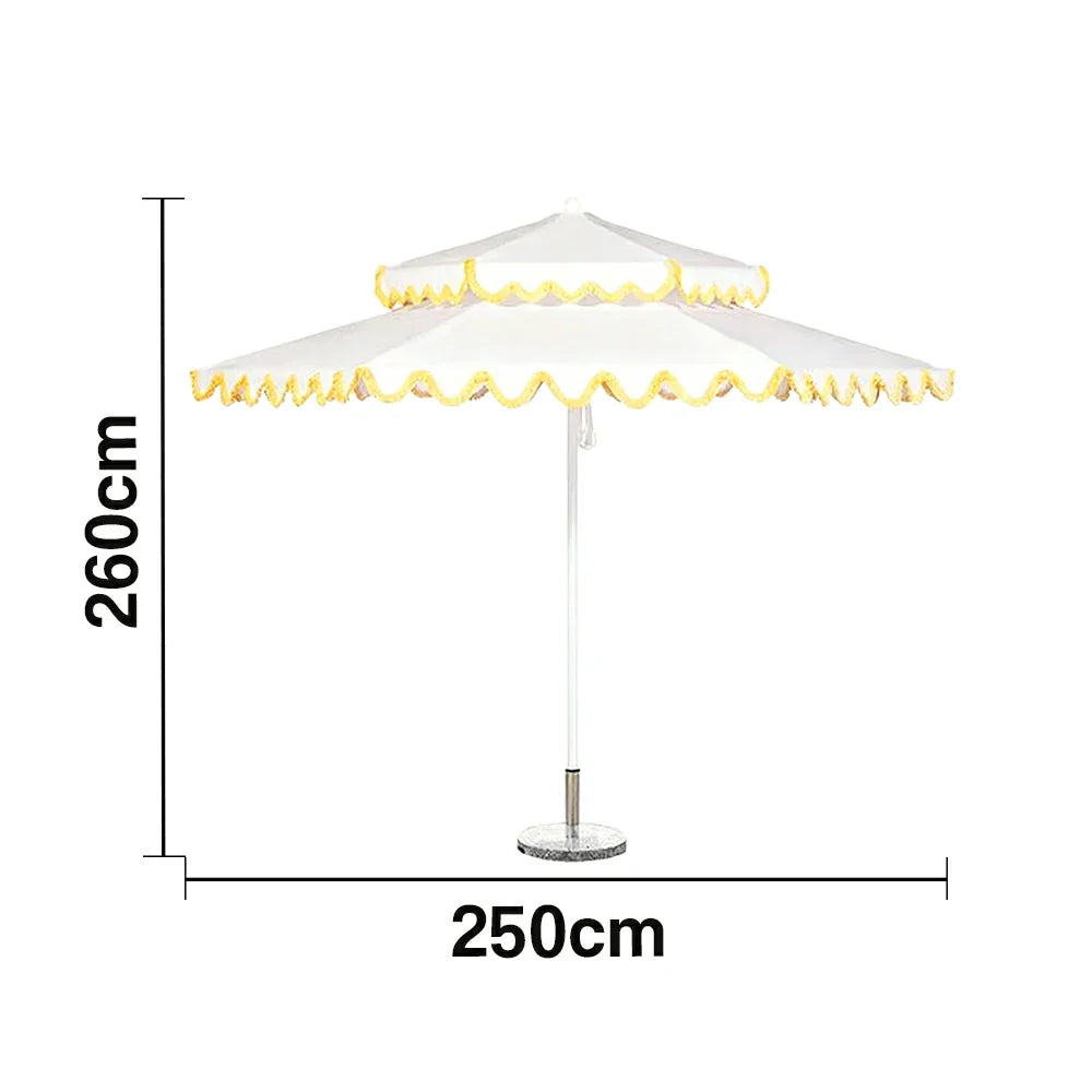 SOLARA Outdoor Patio Umbrella - 250/270cm Round Double-Tier Canopy with Valance, Better Venting & Wind Stability, Sun & Rain Protection, 20kg Marble Base Included - White with Yellow Trim