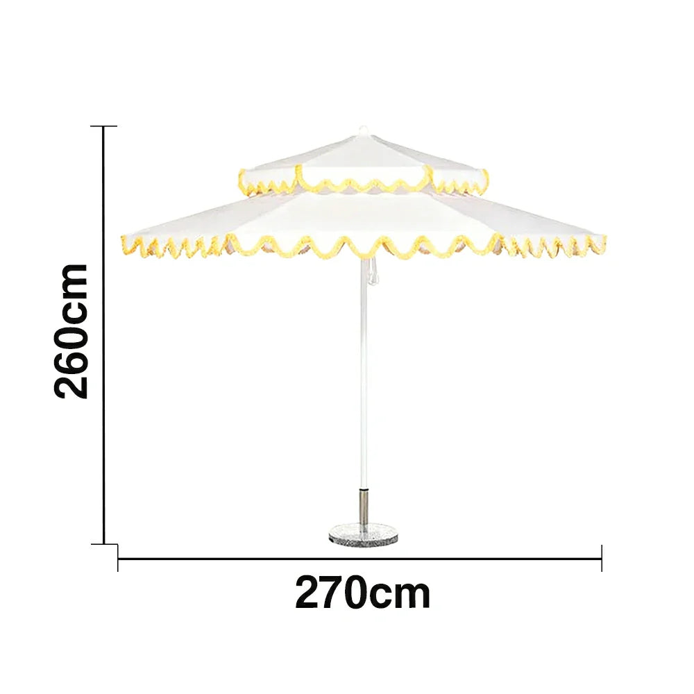 SOLARA Outdoor Patio Umbrella - 250/270cm Round Double-Tier Canopy with Valance, Better Venting & Wind Stability, Sun & Rain Protection, 20kg Marble Base Included - White with Yellow Trim