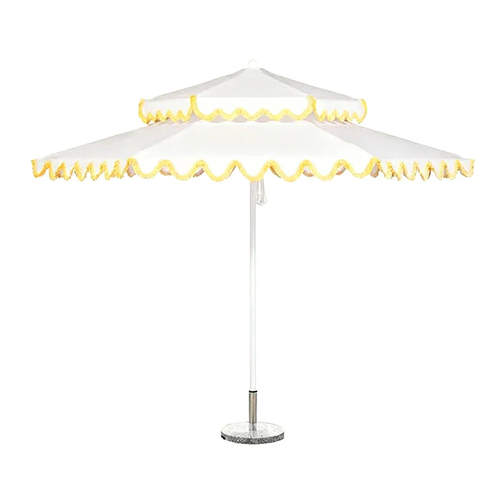 SOLARA Outdoor Patio Umbrella - 250/270cm Round Double-Tier Canopy with Valance, Better Venting & Wind Stability, Sun & Rain Protection, 20kg Marble Base Included - White with Yellow Trim