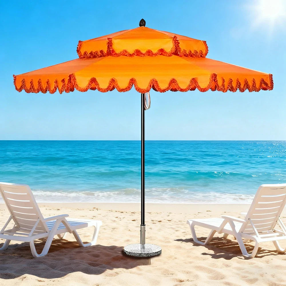 SOLARA Outdoor Patio Umbrella - 250/270cm Round Double-Tier Canopy with Valance, Better Venting & Wind Stability, Sun & Rain Protection, 20kg Marble Base Included - Orange