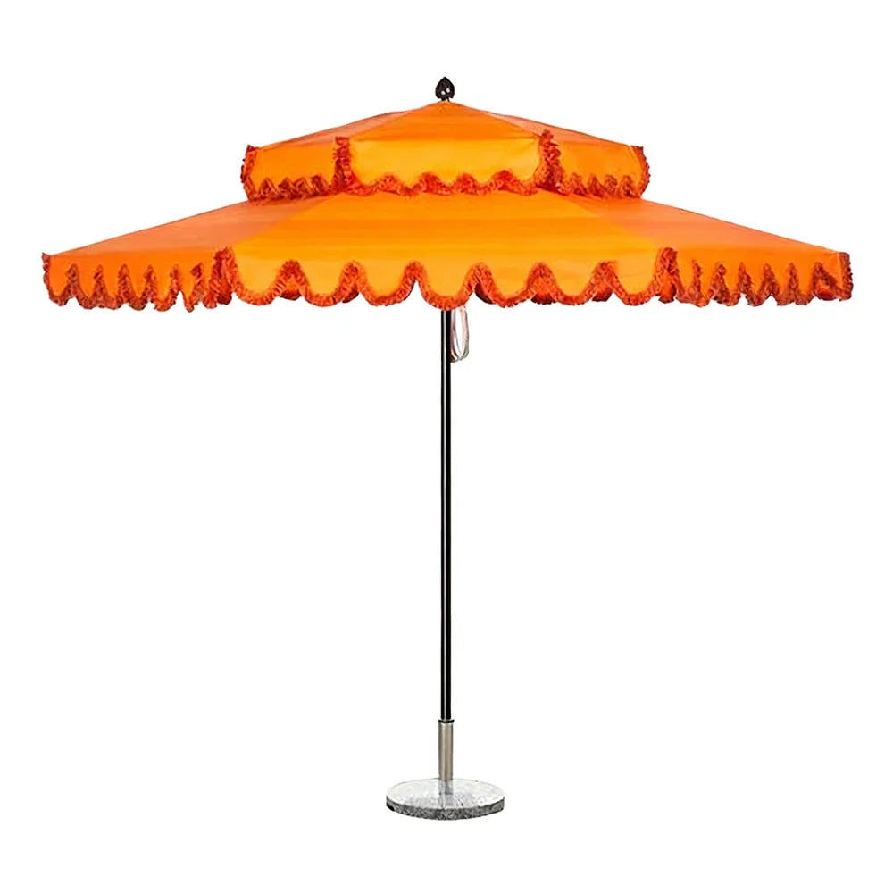 SOLARA Outdoor Patio Umbrella - 250/270cm Round Double-Tier Canopy with Valance, Better Venting & Wind Stability, Sun & Rain Protection, 20kg Marble Base Included - Orange