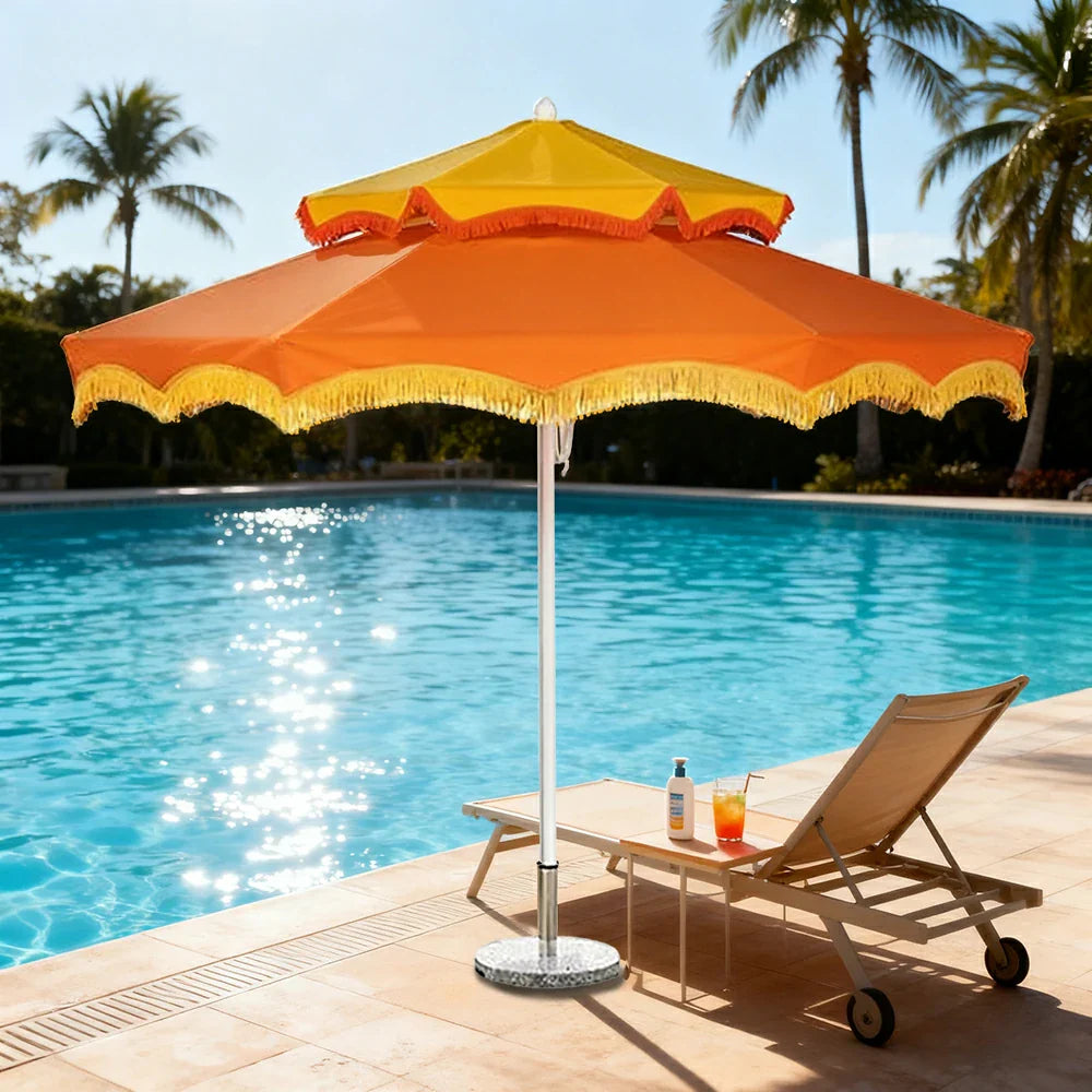 SOLARA Outdoor Patio Umbrella - 250/270cm Round Double-Tier Canopy with French Scalloped Valance, Better Venting & Wind Stability, Sun & Rain Protection, 20kg Marble Base Included - Orange