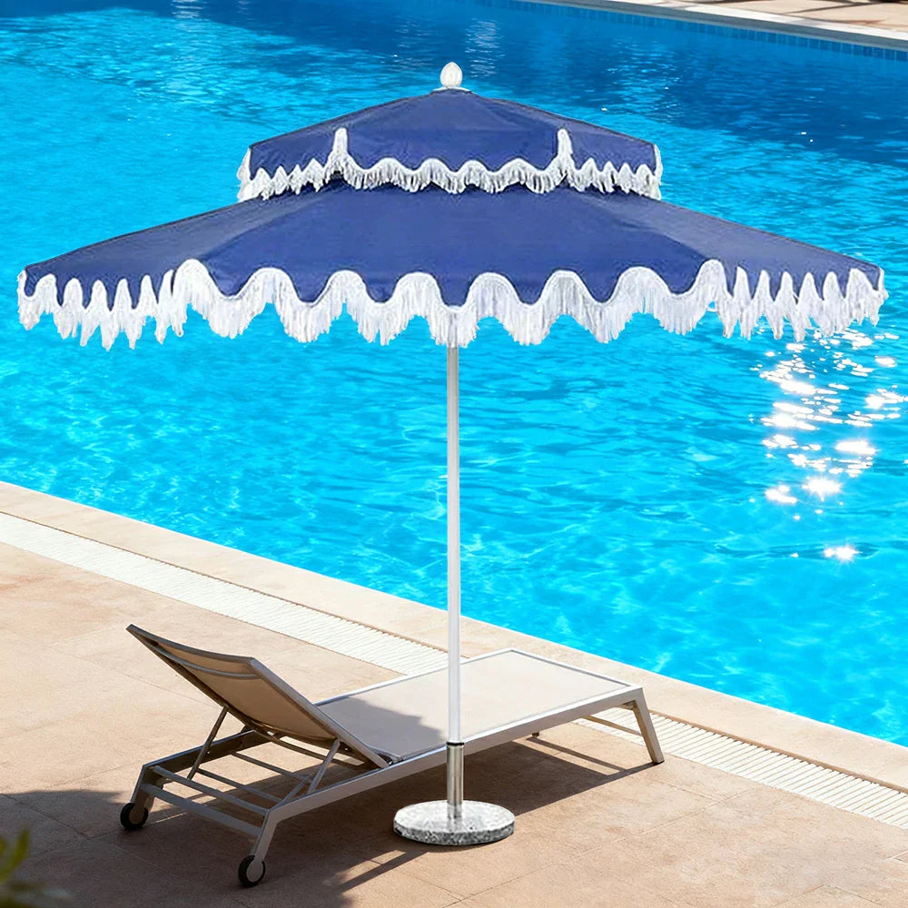 SOLARA Outdoor Patio Umbrella - 250/270cm Round Double-Tier Canopy with French Scalloped Valance, Better Venting & Wind Stability, Sun & Rain Protection, 20kg Marble Base Included - Blue