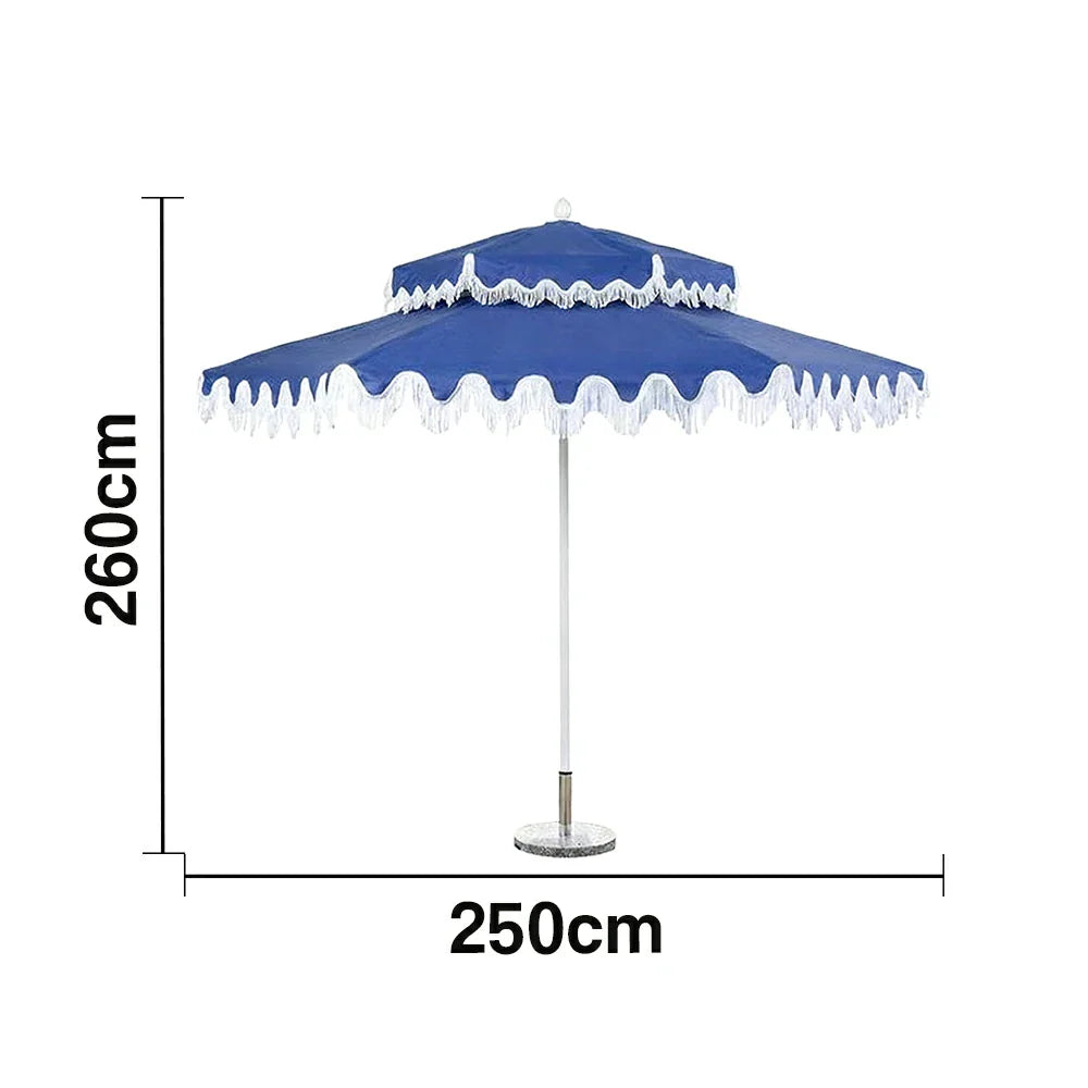 SOLARA Outdoor Patio Umbrella - 250/270cm Round Double-Tier Canopy with French Scalloped Valance, Better Venting & Wind Stability, Sun & Rain Protection, 20kg Marble Base Included - Blue