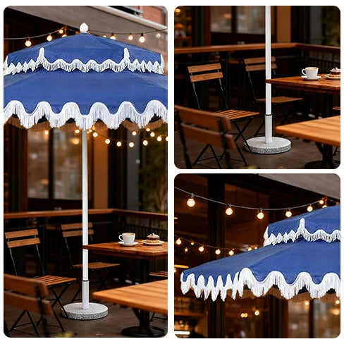SOLARA Outdoor Patio Umbrella - 250/270cm Round Double-Tier Canopy with French Scalloped Valance, Better Venting & Wind Stability, Sun & Rain Protection, 20kg Marble Base Included - Blue