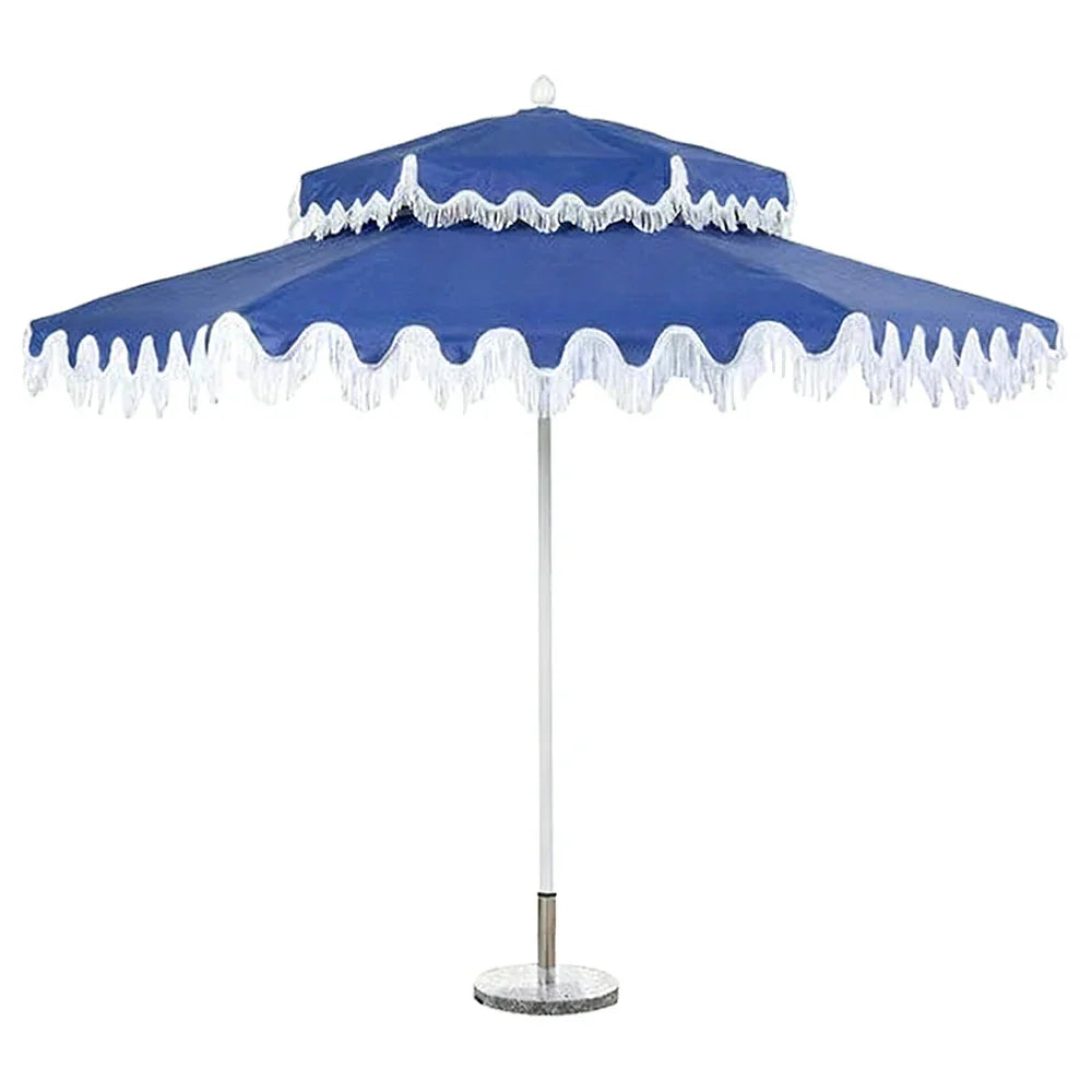 SOLARA Outdoor Patio Umbrella - 250/270cm Round Double-Tier Canopy with French Scalloped Valance, Better Venting & Wind Stability, Sun & Rain Protection, 20kg Marble Base Included - Blue