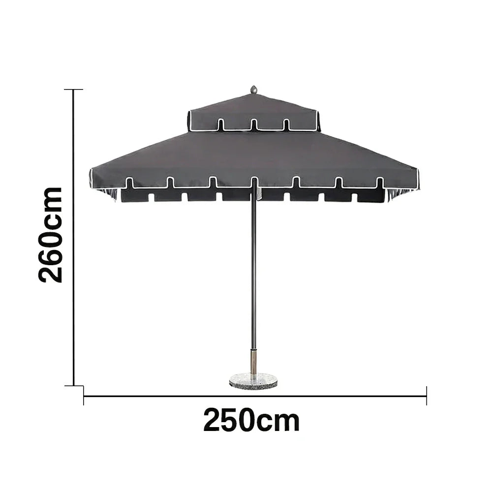 SOLARA Outdoor Patio Umbrella - 250/270cm Round Double-Tier Canopy with French Scalloped Valance, Better Venting & Wind Stability, Sun & Rain Protection, 20kg Marble Base Included - Grey