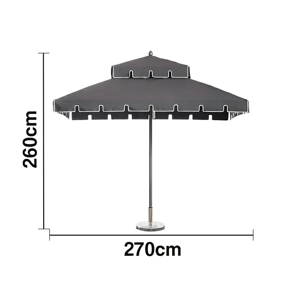 SOLARA Outdoor Patio Umbrella - 250/270cm Round Double-Tier Canopy with French Scalloped Valance, Better Venting & Wind Stability, Sun & Rain Protection, 20kg Marble Base Included - Grey