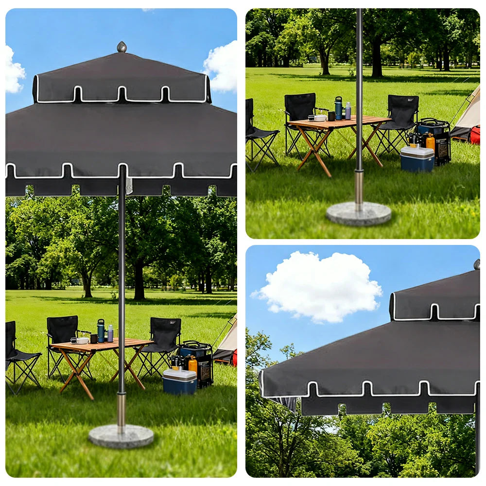 SOLARA Outdoor Patio Umbrella - 250/270cm Round Double-Tier Canopy with French Scalloped Valance, Better Venting & Wind Stability, Sun & Rain Protection, 20kg Marble Base Included - Grey