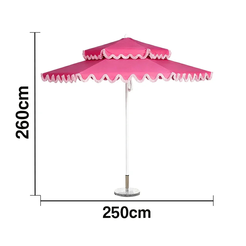 SOLARA Outdoor Patio Umbrella - 250/270cm Round Double-Tier Canopy with French Scalloped Valance, Better Venting & Wind Stability, Sun & Rain Protection, 20kg Marble Base Included - Pink
