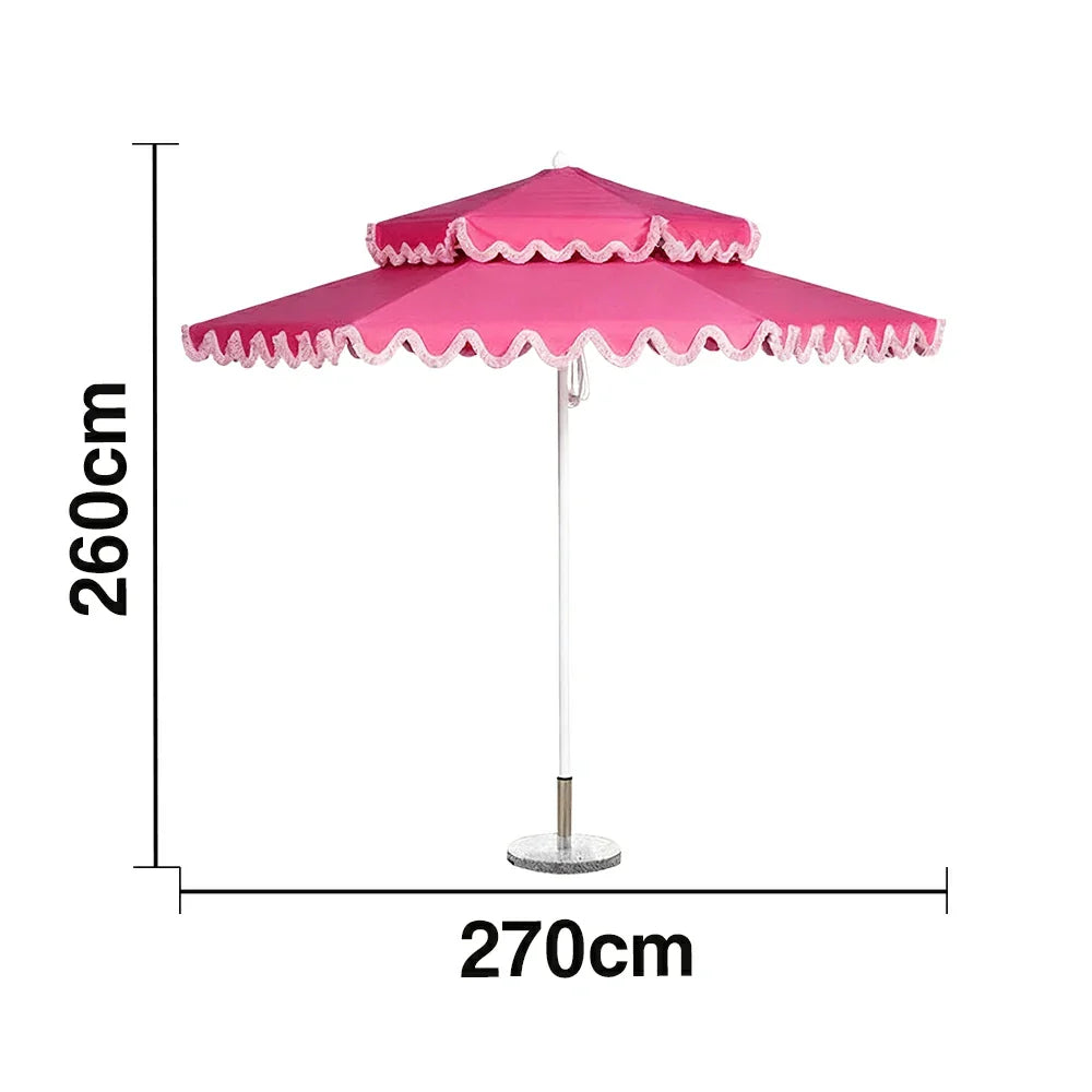 SOLARA Outdoor Patio Umbrella - 250/270cm Round Double-Tier Canopy with French Scalloped Valance, Better Venting & Wind Stability, Sun & Rain Protection, 20kg Marble Base Included - Pink